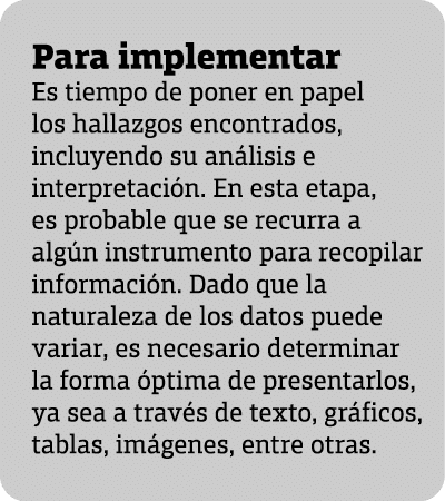  Para implementar Es tiempo de poner en papel los hallazgos encontrados, incluyendo su an lisis e interpretaci n. En ...