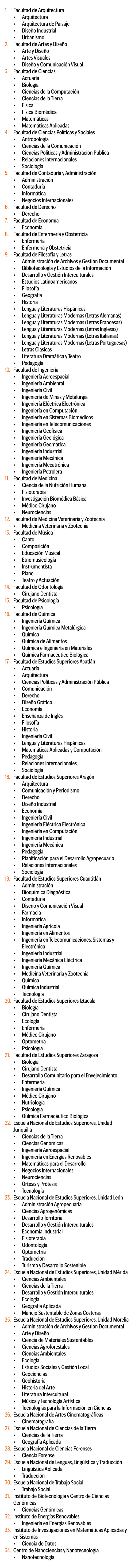  1. Facultad de Arquitectura • Arquitectura • Arquitectura de Paisaje • Dise o Industrial • Urbanismo 2. Facultad de ...